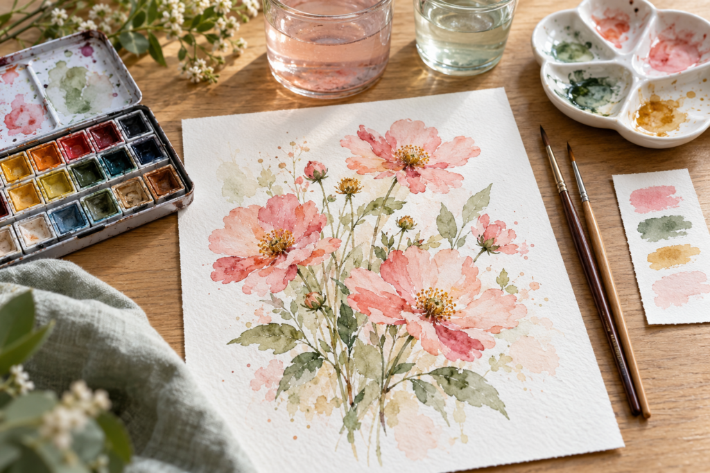 Roze bloemen in aquarel op structuurpapier, met verfnapjes, penselen en een mengpalet op een houten tafel.