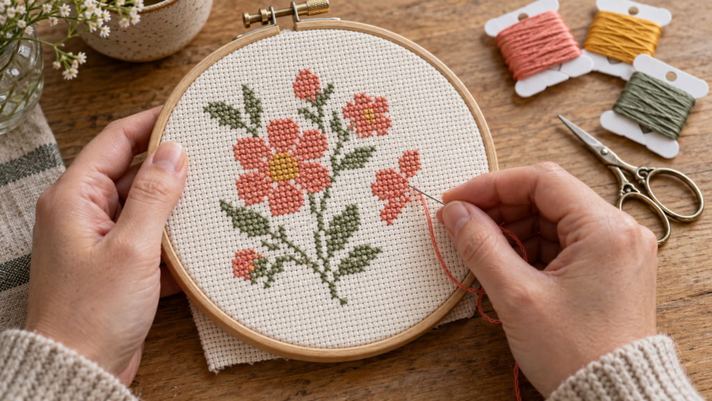 Handen borduren een bloemenmotief met kruissteek op aïdastof in een houten borduurring.