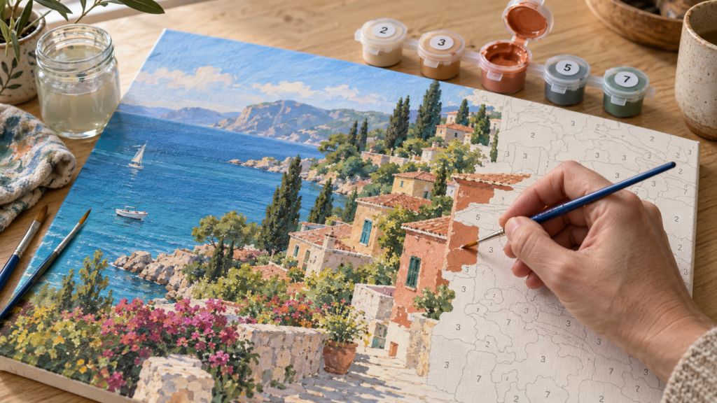 Een hand schildert genummerde vlakken van een mediterraan kustlandschap, met verfpotjes en penselen op tafel.