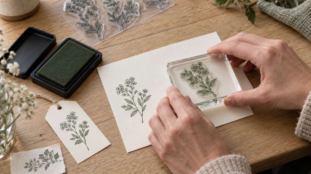 Handen stempelen een bloemenmotief op een kaart met een transparant acrylblok en groene stempelinkt.